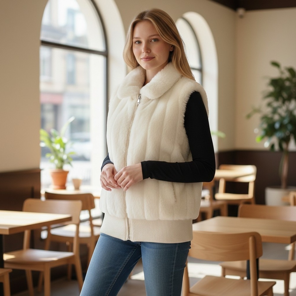 Winter Chic Essentials by Milano Faux‎ Fur Vest XL Ivory Ribbed Knit Zip
